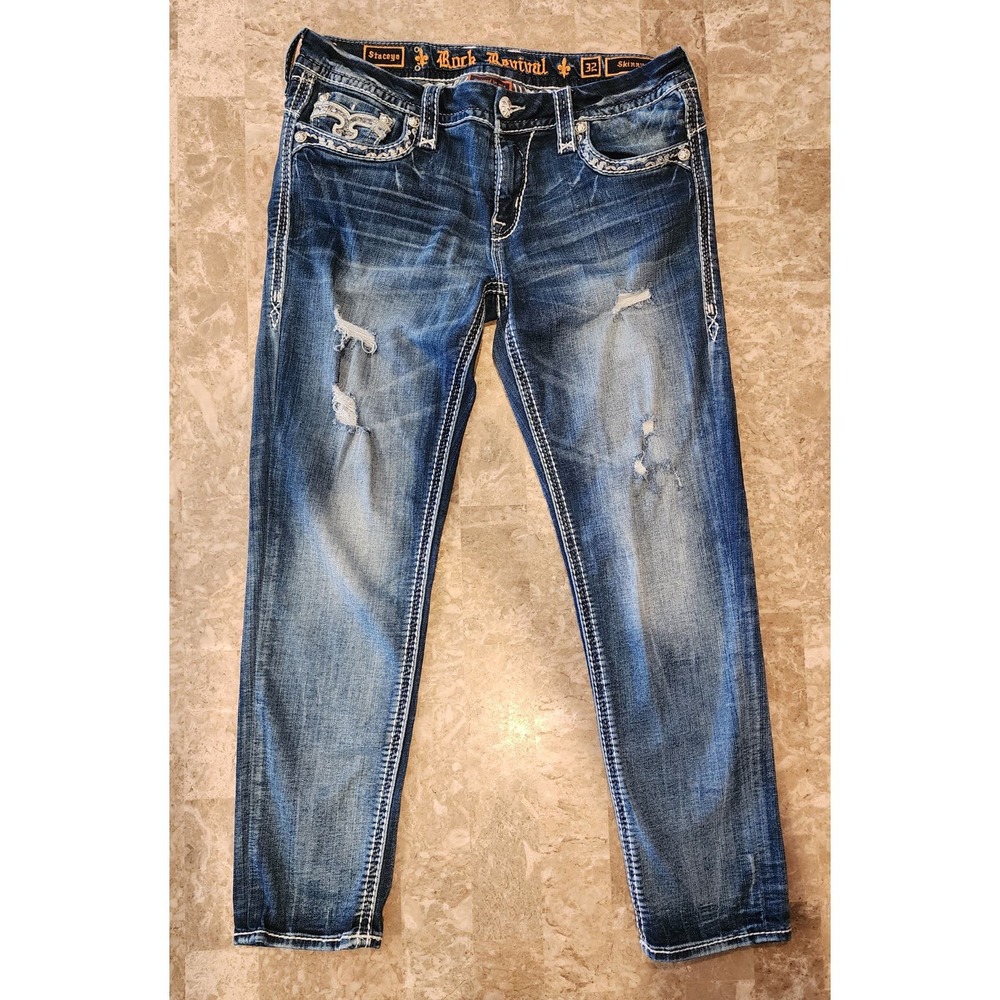 Womens Rock Revival Staceya Skinny Jeans Factory Distressed Size 32 x 28